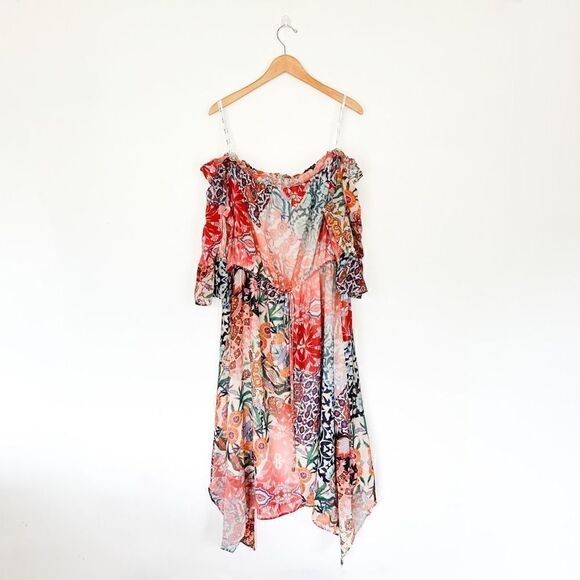 City Chic Adisa Off Shoulder Mixed Media Multi Color Print Shark Bite Hem Dress - Picture 3 of 10
